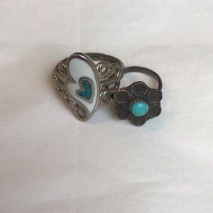 Two Vintage Turquoise Rings, silver toned